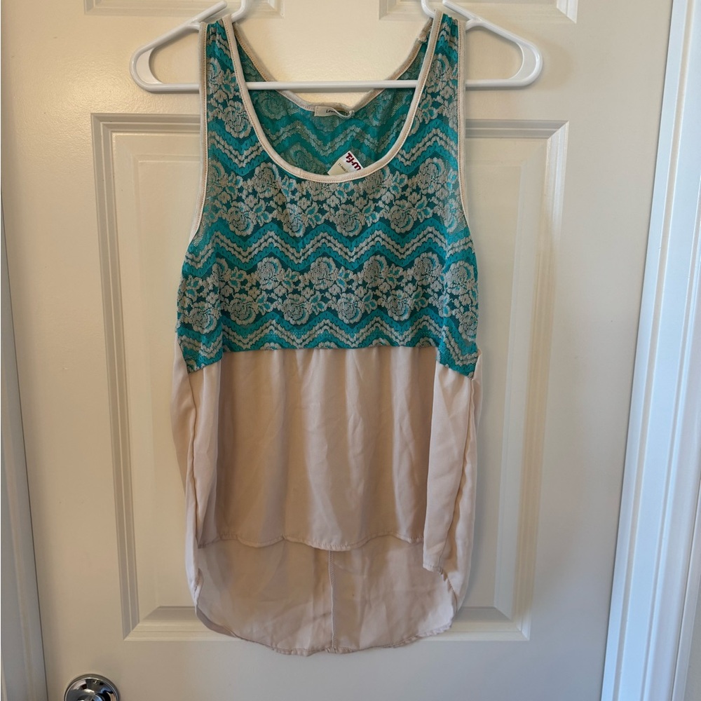Women's Chiffon Lace Overlay Tank - Teal and Cream